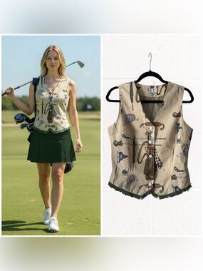 Tapp New York Golf Print Button Front Vest With Fringe, Large